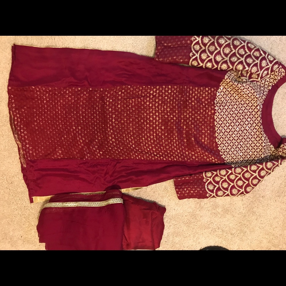 3 piece raw silk and kundan zari suit